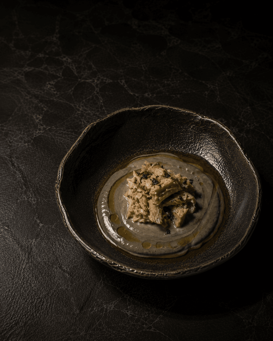 Plate of Black Sesame Custard, Salted Jujube, Olive Oil