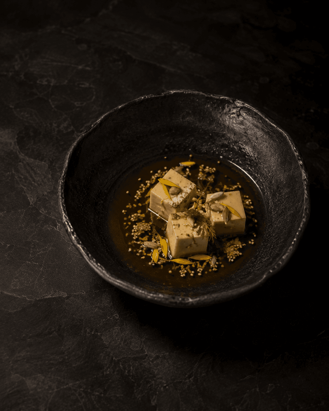 Plate of Onggi Tofu, Sunflower, Warm Dashi