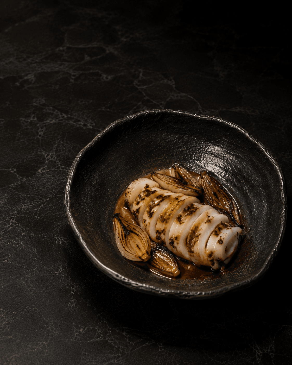 Plate of Squid, Jujube Glaze, Burnt Scallion