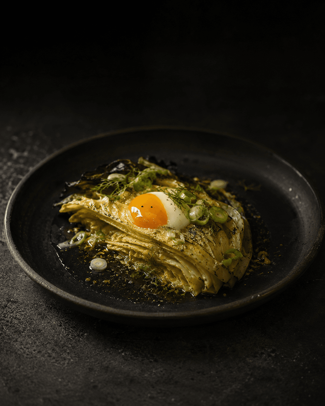 Plate of Cold-Smoked Napa Cabbage, Cultured Butter, 62°C Egg