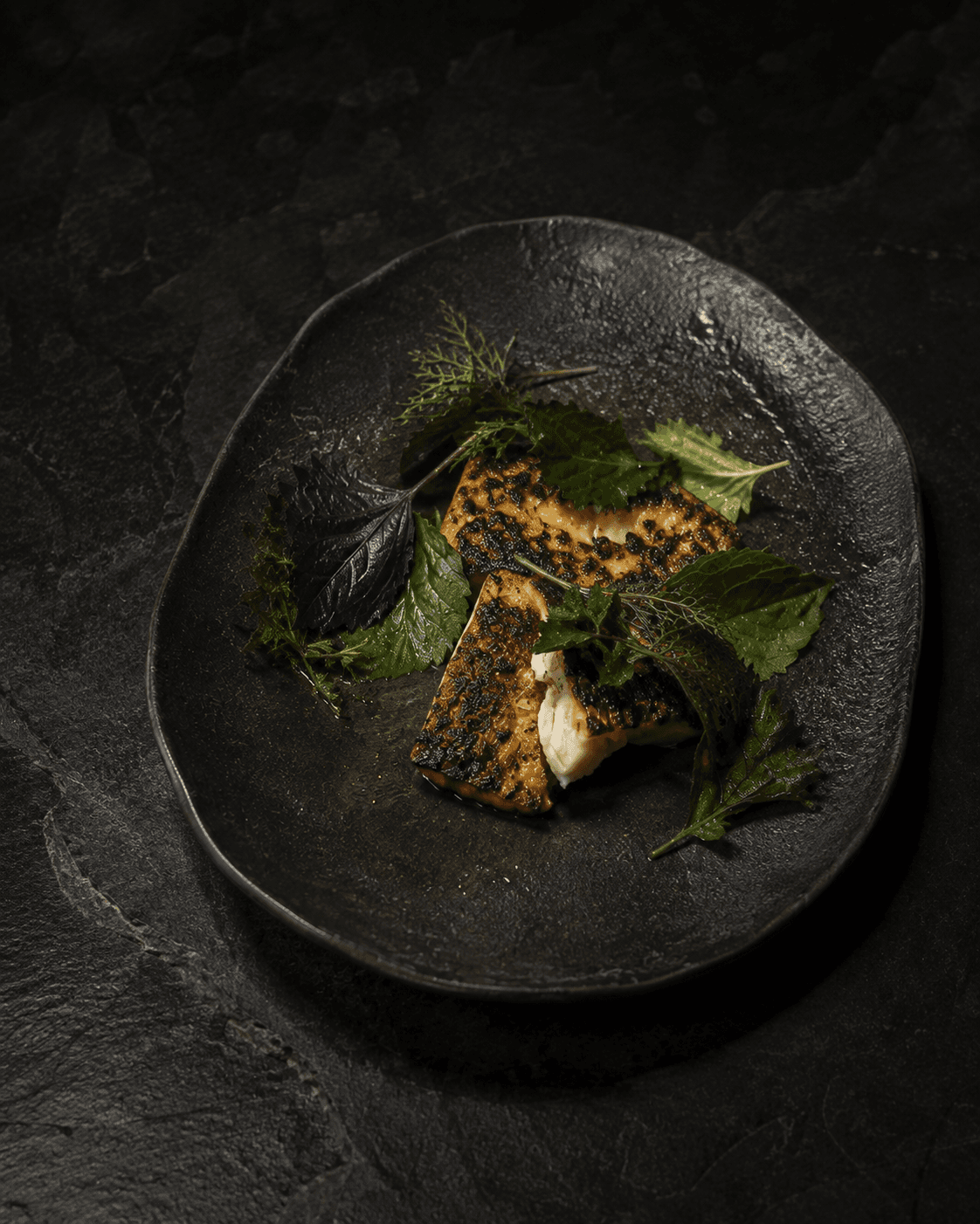 Plate of Grilled Hairtail, Perilla Seed, Bitter Greens