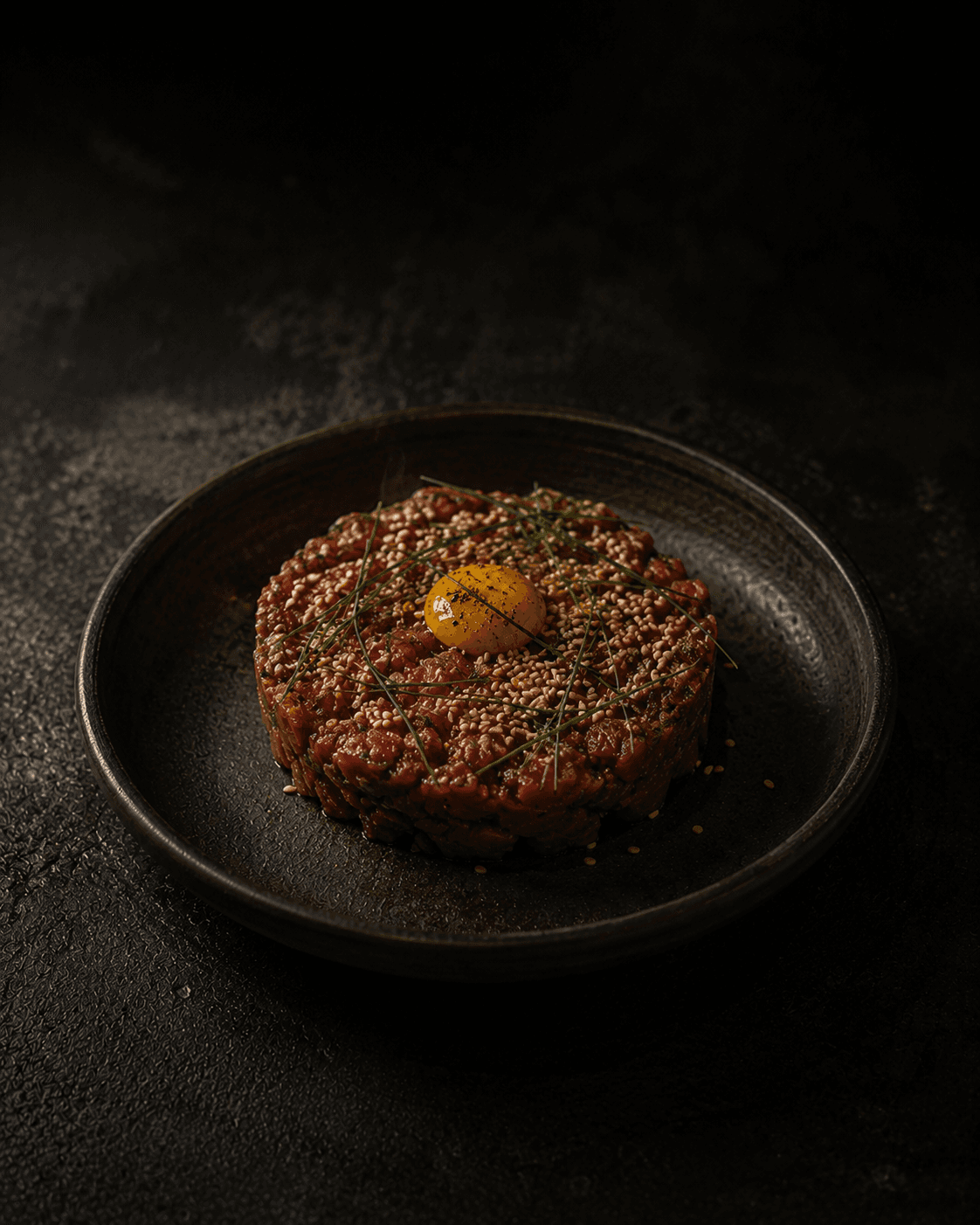 Plate of Hanwoo Tartare, Toasted Sesame, Quail Egg