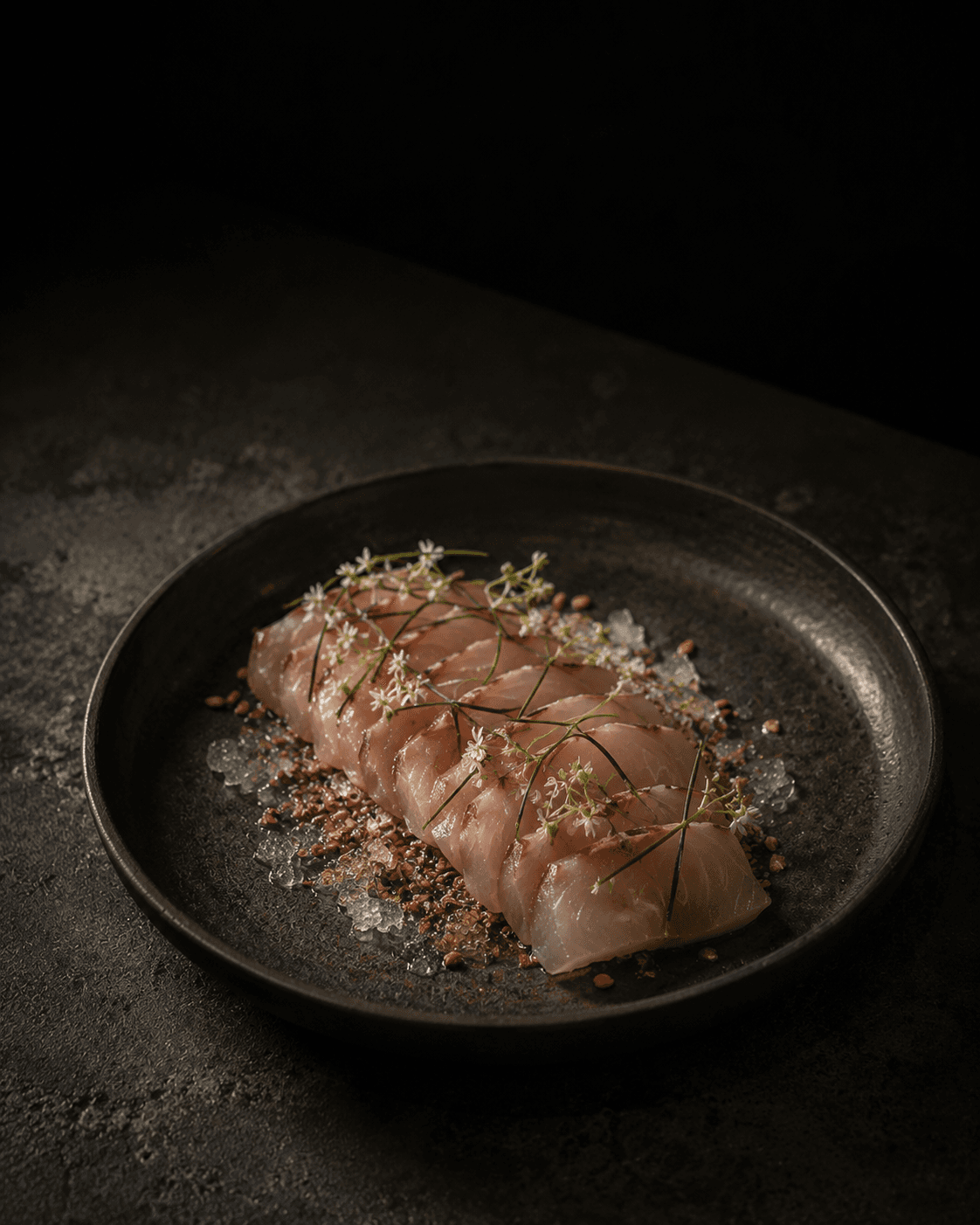 Plate of Perilla-Cured Hamachi, Yuzu Kosho, Frozen Buckwheat
