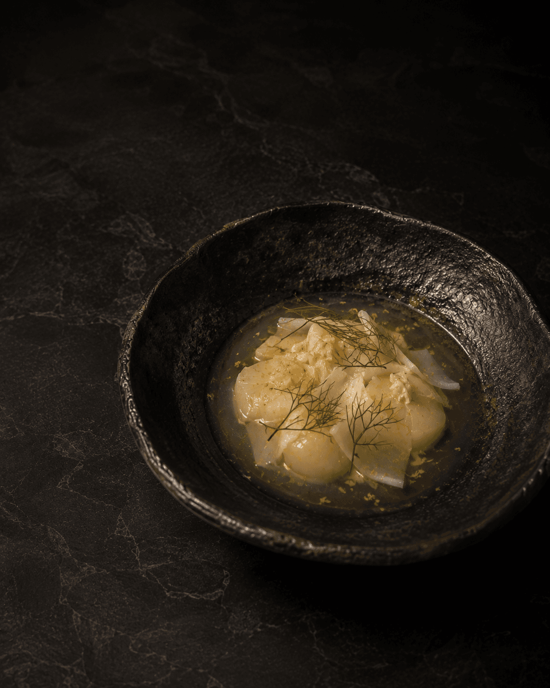 Plate of Scallop, White Kimchi Brine, Yuja