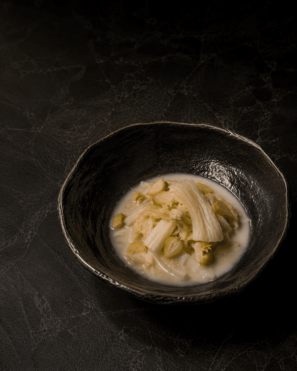 Plate of White Kimchi, Green Strawberry, Yogurt Whey
